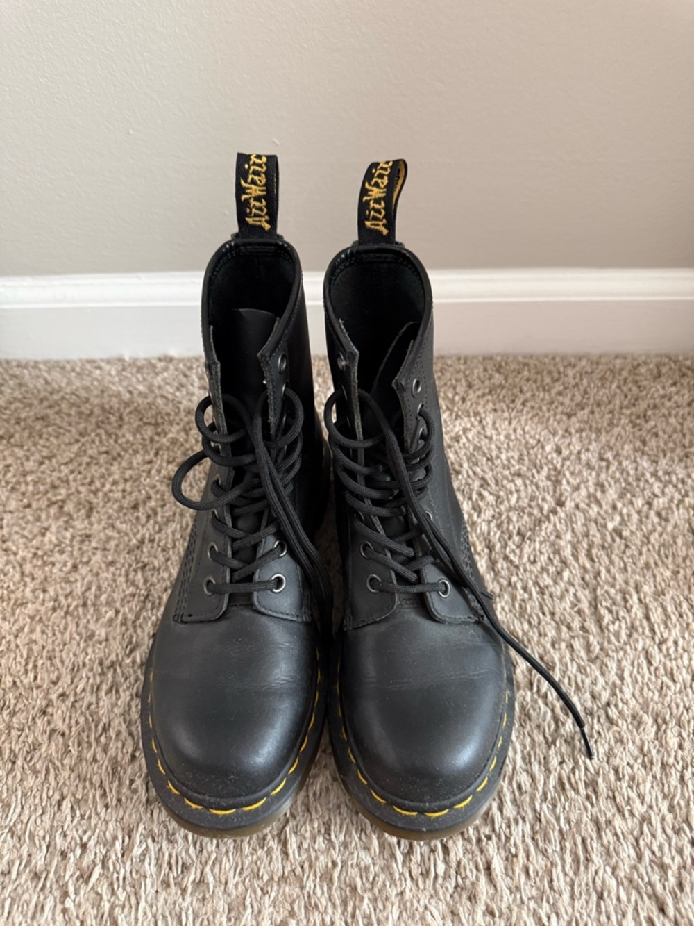 Dr. Martens Black Leather Lace-Up 8-Eye Boots with Yellow Stitching